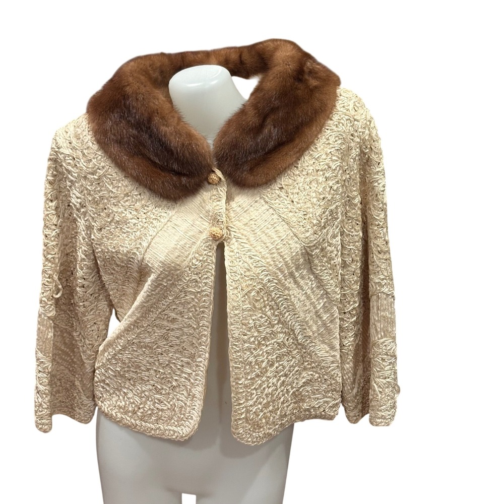 Vintage 1950s Schimmel Furs Cream Soutache Ribbon Lace Crop Mink Fur Collar Coat